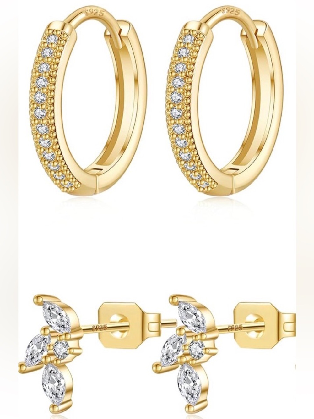 #135 Sterling Silver Gold Cubic Zirconia Huggie Hoop and Stud Earring Set